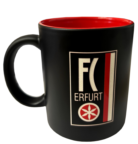 Kaffeetasse | mattschwarz | Kontrast rot | Traditionslogo | Erfurt